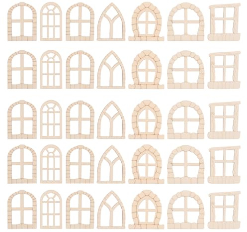 WRITWAA 50-Teiliges Miniatur Feentür Und Fenster Set Aus Unbehandeltem Holz Für Puppenhaus Bastelprojekte Feengarten Dekoration DIY Miniatur Fenster Türen 2.32X2.17X0.08In