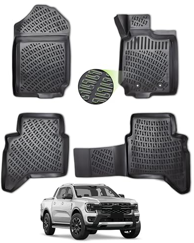 Heavy-Duty TPE Rubber Floor Mats for Ford Ranger 2023–2026 - Waterproof Non-Slip Vehicle Mats with OEM Fixing Clips - Compatible with Ford Ranger T9 Double Cab - Set of 4