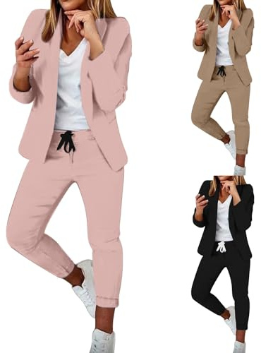 Höstkläder för damer, blazer för damer set – elegant business kontor arbetskläder passar ledig långärmad blazers jacka smala byxor passar enfärgade semester träningsoveraller med fickor, Khaki, XL