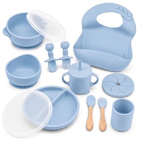 Almar Baby Set de Alimentación en color Azul para Bebé de Silicona – Vajilla Infantil Antideslizante con Plato, Bol, Vaso, Babero y Cubiertos, Set BLW para Bebés, Libre de BPA