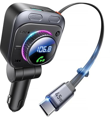 LENCENT 72 W Bluetooth 5,4 FM-sändare bil, Bluetooth-adapter bil med utdragbar laddkabel, cigarettändare USB-C, bas och handsfree, 180° roterbar för iPhone 17/16/15