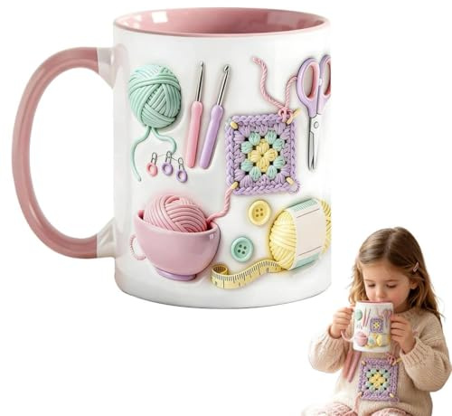 Generisch 330ml/11oz Keramik Tasse mit 3D Handarbeits-Motiv Kaffeebecher für Kaffee Tee Rosa Griff Spülmaschinenfest Geschenkidee
