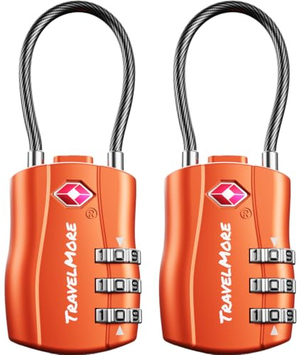 Lot de 2 Cadenas TSA | Cadenas Valises avec Câble Souple pour Voyage | Cadenas à code TSA pour Valises, Bagages, Sacs de Voyage, de Sport et à Dos | Combinaisons Réglables à 3 Chiffres (Orange)