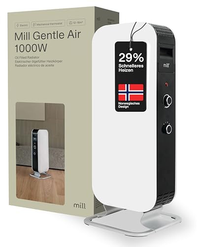 Mill Ölradiator Heizkörper 1000W, elektrische Heizung, bis zu 16 m², geräuschlose Elektroheizung mit Thermostat, sicherer Elektroheizkörper, Radiator Heizung elektrisch, Designed in Norwegen - weiß