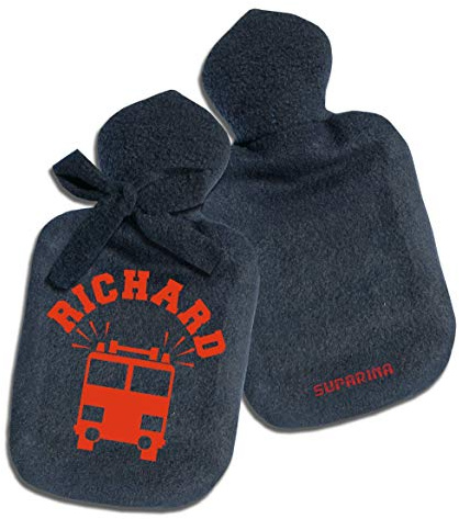 SupaRina Wärmflaschen-Bezug mit Namen und Motiv Feuerwehr-Auto Rot Blau personalisiert, unterschiedliche Farben und Motive, befüllbar kalt oder warm, weicher Fleece, 28x16 cm, auch gern mit Flasche