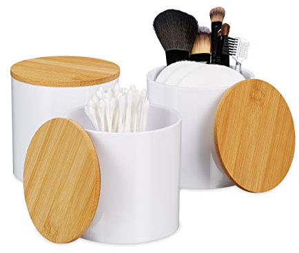 Relaxdays Wattestäbchen Aufbewahrung im 3er Set, Wattepadhalter, mit Deckel, pflegeleicht, Acryl & Bambus, Natur-weiß 10026558_873