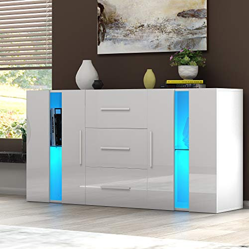 Panana Modern 3-Door RGB Lights Sideboard Cabinet, Matt & High Gloss Cupboard Unit with LED Strips (White)
