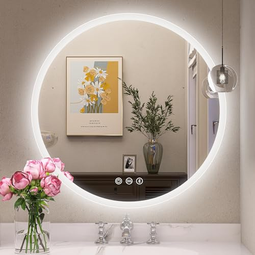 STARLEAD 600 mm Round-Bathroom-Mirror-with-LED-Lights, Bluetooth, Anti-Fog, LED-Bathroom-Wall-Mounted-Mirror 3 Colors Dimmable, HD Tempered Glass, Memory Function, IP44 Waterproof