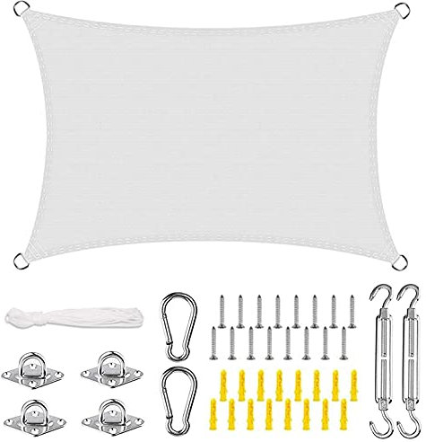 ERPENG Rechteck Sonnensegel Baldachin 3x6.5m 95% UV Schutz wetterfest Balkonverkleidung mit Seilen und Befestigungs Kit Hochwertigem Polyester für Camping Terrasse Balkon Garten Outdoor, Weiß