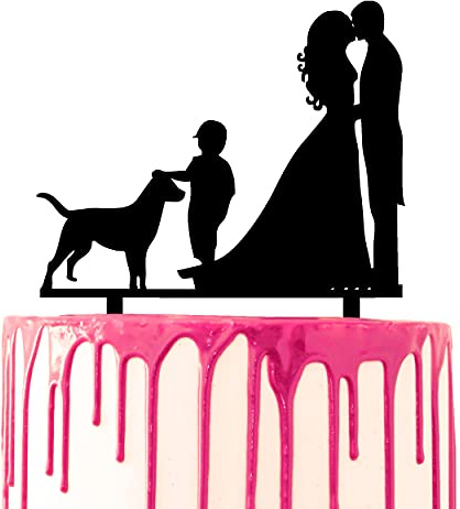 CARISPIBET cake topper silhouette of couple kissing with one son and one dog by their side cake decorative acylic topper