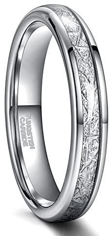 Greenpod 4mm Tungsten Rings for Women Men Silver Dome Polished Meteorite Inlay Ring Wedding Bands for Him Size 7