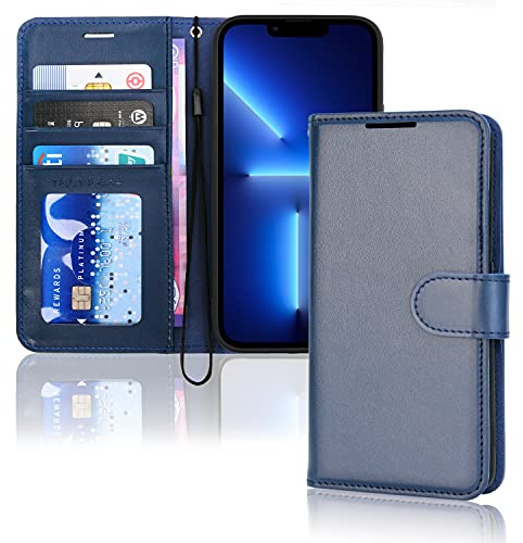 TECHGEAR iPhone 13 Pro Leather Wallet Case, Flip Protective Case Cover with Wallet Card Holder, Stand and Wrist Strap - Blue PU Leather with Magnetic Closure Designed for iPhone 13 Pro 6.1