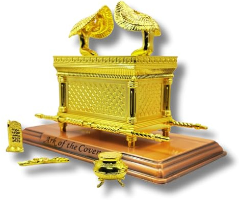 3 ARCHES USA Figura de El Arca del Pacto chapada en oro (11 x 6.5 x 8.5 pulgadas) con contenido: vara de Aarón, maná, diez mandamientos, réplica detallada de decoración de mesa