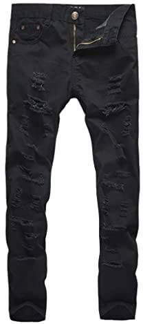 HWYBHT Strappato Jeans Uomini con Fori Skinny Slim Fit Distrutto Strappato Jean Pantaloni per Maschio Denim Pantaloni, Nero , L