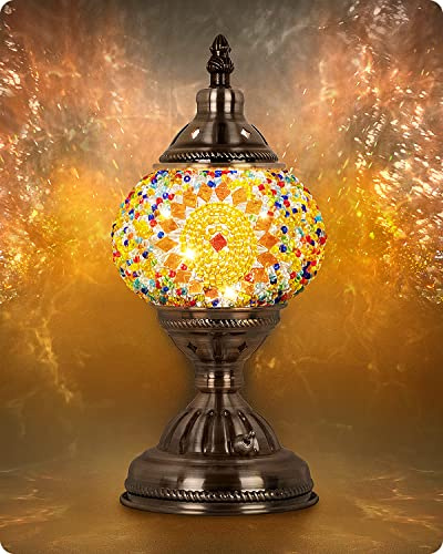 Yarra-Decor Turkish Moroccan Lamp with Bronze Base Handmade Tiffany Mosaic Glass Lamps Portable Bedside Lamps with Rechargeable Battery 2000mAh (LED Bulb Included) (Orange1)