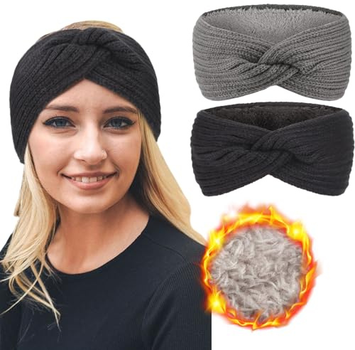 DRESHOW Varmt Stickat Pannband för Kvinnor Vinter Öronvärmare Virkade Huvudomslag Tjocka Fleece Fodrade Hårband