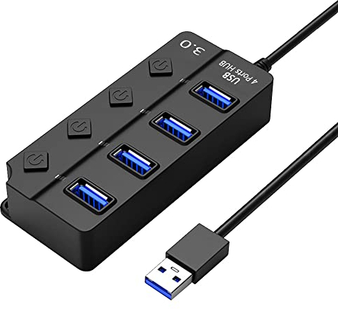 Hub 4 Ports USB 3.0 avec Interrupteurs Indépendants, Répartiteur pour PC avec Lumière LED, Prise Multiple pour Transfert Rapide des Données