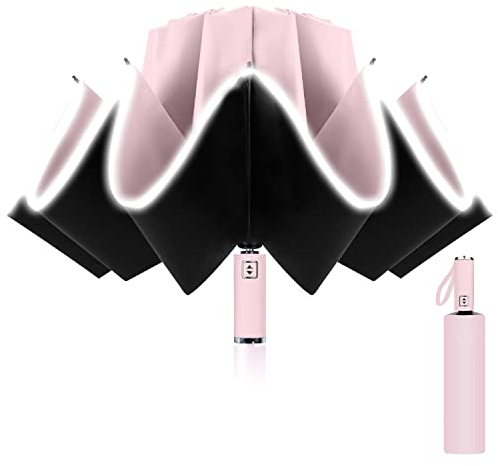 Paraguas Plegable Automático, Paraguas Invertido, Paraguas Plegable Antiviento 10 Varillas para Hombre Mujer, Diámetro 105cm (Rosa)