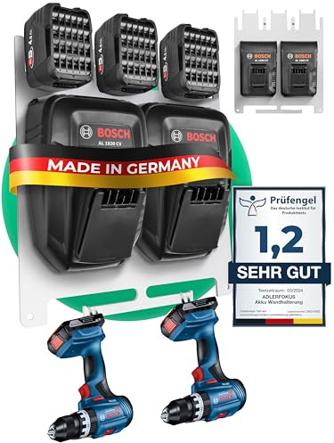 Adlerfokus Wandhalterung für Bosch Power-for-All Akkus & Ladegeräte | [MADE IN GERMANY] Bosch Akkuhalter mit Premium Montagematerial - 33 x 28cm Akku Wandhalterung für Ordnung in der Werkstatt