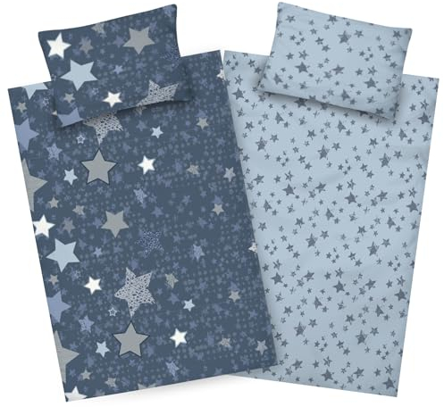 Aminata kids Biber Kinderbettwäsche 100x135 Sterne Mädchen Jungen blau Baumwolle mit YKK Reißverschluss Kinder-Wende-Bettwäsche-Set Stern-Motiv