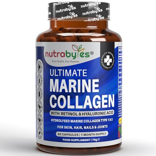 Nutrabytes Ultimate Marine Collagen Supplement, 900mg (60 Capsules) | Type 1 & 3 Hydrolysed Peptides with Hyaluronic Acid, Vitamin C for Skin, Hair, Nail, Joint & Bone Health | 1 Month | Made in UK