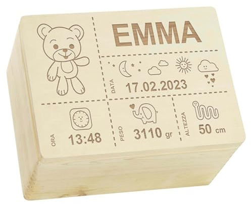LAUBLUST Scatola dei ricordi per bambini personalizzata - Orsacchiotto | Scatola di legno decorativa | Taglia XL, ca. 40 x 30 x 24 cm, Naturale - Scatola di legno decorativa con coperchio, FSC®