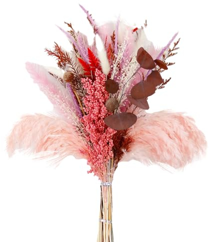 Bouquet d'herbe de Pampa Séchée, Bouquet de Fleurs Séchées Roses Boho, Décor d'herbe de Pampa Séchée, Arrangements de Fleurs Séchées pour Décoration de Maison, Centres de Table(Rose)