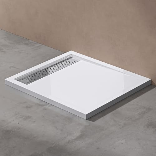 doporro Duschtasse Duschwanne 80x90x5cm Acryl in Weiß Ablaufgarnitur | Rechteckig Flache Duschwanne für bodenebene Montage mit DIN-Anschlüssen – stabil & pflegeleicht Xetro04 AL02