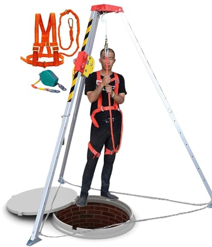 DDKYHU Rettungsstativ-Set zum Heben von Abwasserkellern, Rettungsausrüstung – verstellbare Beine und 1200-1800-2600-Pfund-Winde, Notstativ aus Aluminium (98-Fuß-Winde mit Fallschutz + Gurt)
