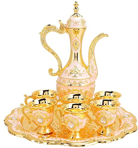 MJMLUCK Cafetière Turque avec 6 Tasses à café, Service à thé Turc Vintage en métal Comprenant Un Plateau à thé Artisanal, Une théière et des Tasses à thé, adapté aux Cadeaux de Mariage pour Adultes