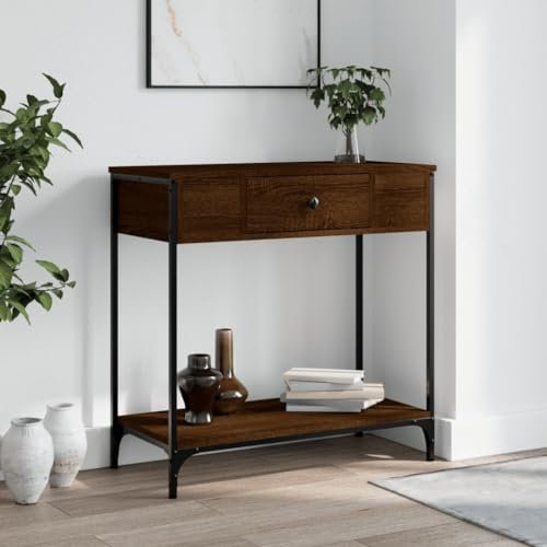 FENLAX Konsolentisch mit Schublade 75x34,5x75 cm Flurtisch mit Schublade Sideboard Telefontisch Holz Couchtisch Konsolentisch mit Ablagen Holzwerkstoff&Metall Braun Eichen-Optik