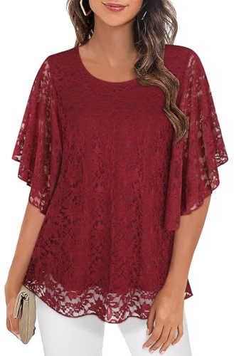 Syphiby Womens Blouses Ruffle 3/4 Sleeve Mesh Ladies Tops Chiffon Double-Layered Tunic Tops Loose Flowy Shirts