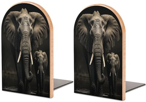 Verdickte Buchstützen aus Holz, Elefanten-Druck, kreative dekorative Buchstützen, rutschfeste Buchstützen, 1 Paar