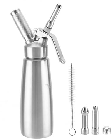 QWORK 304 Stainless Steel Whipped Cream Dispenser - 500ml / 1 PintLeak-Free Canister with 3 Culinary Decorating Nozzles & Brush,