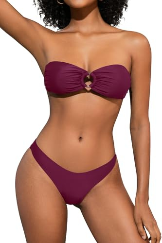 SHEKINI Damen O-Ring Schnürschuh Bandeau Bikini Set Badeanzug Rückenfrei Trägerlos Sexy Strandkleidung High Cut Zweiteiliger Bademode（L,Traubenviolett）