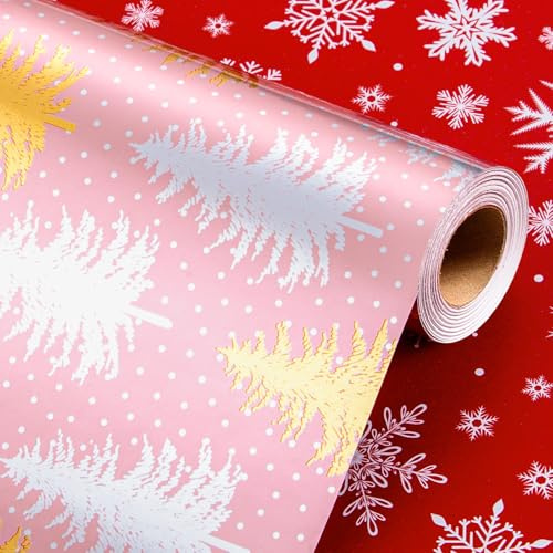 Wikadlik Rosa Weihnachts-Geschenkpapier – 43 cm x 10 m Luxuriöses metallisches Weihnachtsbaum-Schneeflocken-Geschenkpapier für Feiertags-DIY-Basteldekoration