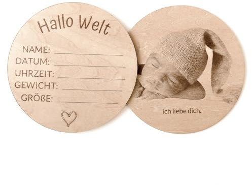 Hallo Welt Baby Holzschild, Meilensteinkarten Baby Holz, 13x13 cm aus Lindenholz
