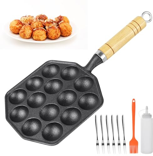 Hioph Cast Iron Griddle Pan, 14 Holes Takoyaki Pan with Detachable Handle, Takoyaki Maker with Brush, 6 Forks, Mini Pancake Maker for Induction Hob, Gas Hob