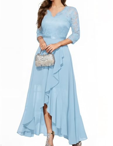 Bbonlinedress Damklänning med V-ringning för kvinnor, bröllopsgäst, Hi-Lo, blommig spets, cocktailparty, formell brudtärneklänning, A-sky Blå, XL