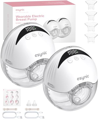 eSynic 2PZ Tiralatte Elettrico Indossabile 210ML, 4 Modalità 12 Livelli, LED Display, 2x Pompa per Allattamento Ricaricabile con Frange 19/21/24mm, Tira Latte Portatile Antiriflusso Senza BPA - Bianco