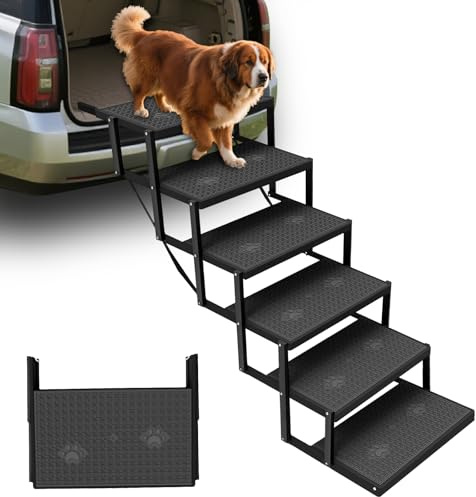 Hundtrappa, bil, vikbar för små hundar, hundramp, bil med ökad lastkapacitet, hundramp, bil, vikbar för stora hundar, hundstege, vikbar upp till 80 kg, 6 steg