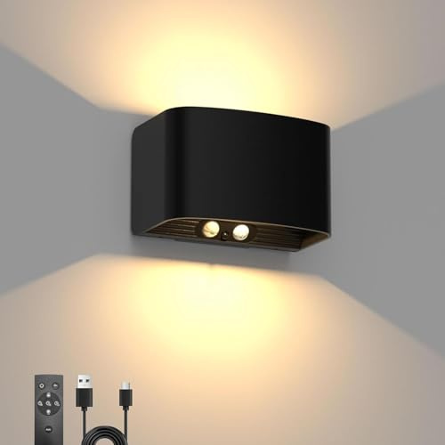 T-SUN LED Akku Wandleuchte Innen mit Bewegungssensor, 3000K Warmweiß Aufladbar Wandlampe mit Fernbedienung, Up and Down Außenwandleuchte, 2 Modi Wandstrahler für Wohnräume, Flur, Vordach, Schlafzimmer
