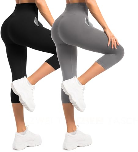 Sanpetix Leggings 3/4 para mujer con bolsillos, paquete de 2 leggings capri de cintura alta para mujer, pantalones elásticos suaves para entrenamientos, gimnasio y yoga