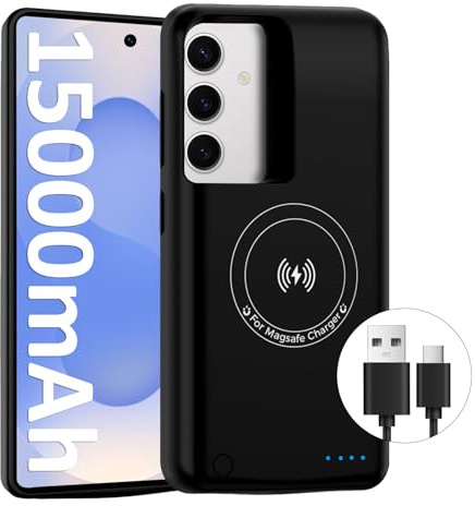 HUOBAO Battery Case for Samsung Galaxy S24 Plus/S25 Plus(15000mAh),Fast GaN Charger Portable Extended Powerbank Charging Case Galaxy S25 plus,Qi Wireless Charger Backup with 20W USB-C Cable Black