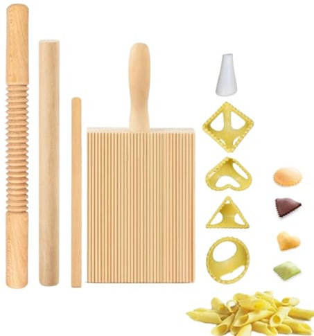 Kit per la pasta in legno - Mattarello filettato | Set di 8 utensili da cucina italiani fatti in casa con stampo per, per timbri per ravioli, per la preparazione dei pasti in