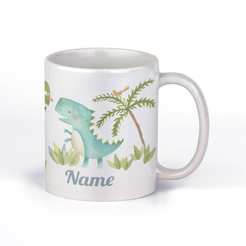 Tasse Dino personalisiert mit Namen, Kindertasse Aquarell, Junge | Dinosaurier-Becher mit Wunschname – für kleine Dino-Fans im Kindergarten, in der Schule und zu Hause