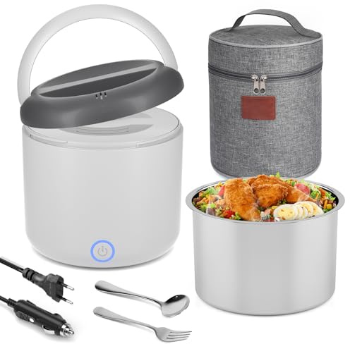 100W Elektrische Lunchbox Erwachsene, 1.2 L Thermo Lunch box mit Besteck und Isolierter Lunchbeutel, 3-in-1 12/24/230V, Auslaufsicherer, 304 Edelstahl, Beheizte Brotdose für Auto, LKW, Büro, Grau