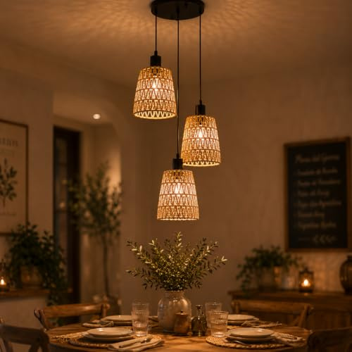 Deboola Hängelampe Boho Pendelleuchte Rattan 3 Flammig Esstischlampe | Vintage Geflochten Hängeleuchte Lampenschirm Papierseil E27 Pendellampe für Esszimmer Schlafzimmer/Ohne Leuchtmittel