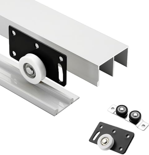 Sliding Pocket Door Track Kit for 1/2-3/4 Wood Panels - Metal Double Track Barn Door Hardware, Hidden Sliding System for Cabinet & Wardrobe (White, 120cm/47)