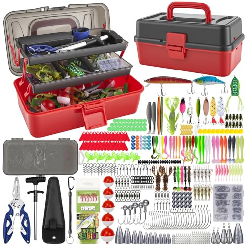 460-teiliges Angelköder-Set mit großem 3-lagigen Tackle-Box – Komplettes Süßwasser-Barsch-Angelzubehör inklusive Zange, Haken, Crankbaits, Senker, Jigs, Bleie & mehr – Geschenk für Männer